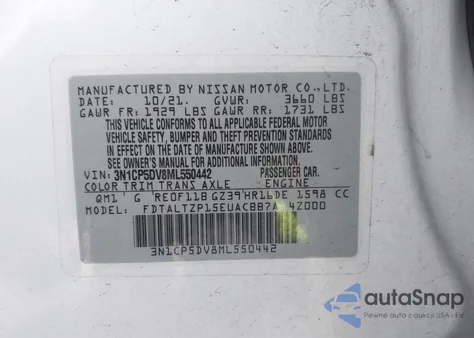 2021 Nissan Kicks Sr Xtronic Cvt из США, поврежденный, VIN 3N1CP5DV8ML550442